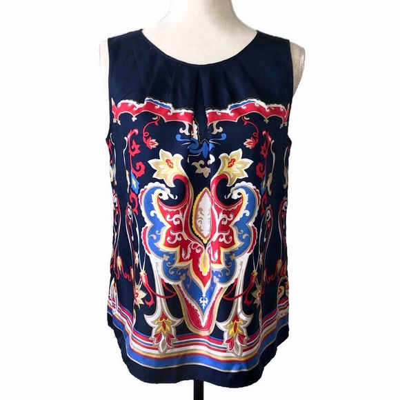 Talbots Blue/Red/Gold/Tan/Wht Silk Sleeveless Top - Picture 2 of 6